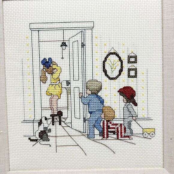 Vintage Framed Needlepoint Cross Stitch Crewel Kids In Bathroom Set of 2 11"x12" - Picture 7 of 11